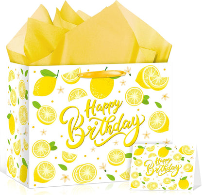 Large Yellow Lemon Birthday Gift Bags Yellow Lemon Wrapping Paper Bag with Tissue Paper Birthday Card Lemons Party Favor Bag for Kids Girls Women Baby Shower Birthday Lemons Party Decoraion Supplies