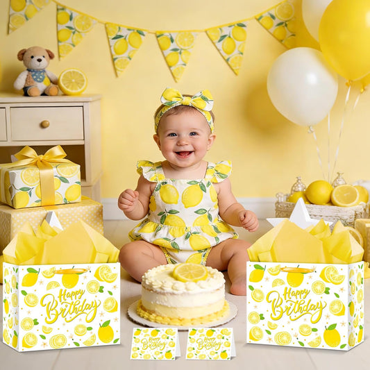 Large Yellow Lemon Birthday Gift Bags Yellow Lemon Wrapping Paper Bag with Tissue Paper Birthday Card Lemons Party Favor Bag for Kids Girls Women Baby Shower Birthday Lemons Party Decoraion Supplies