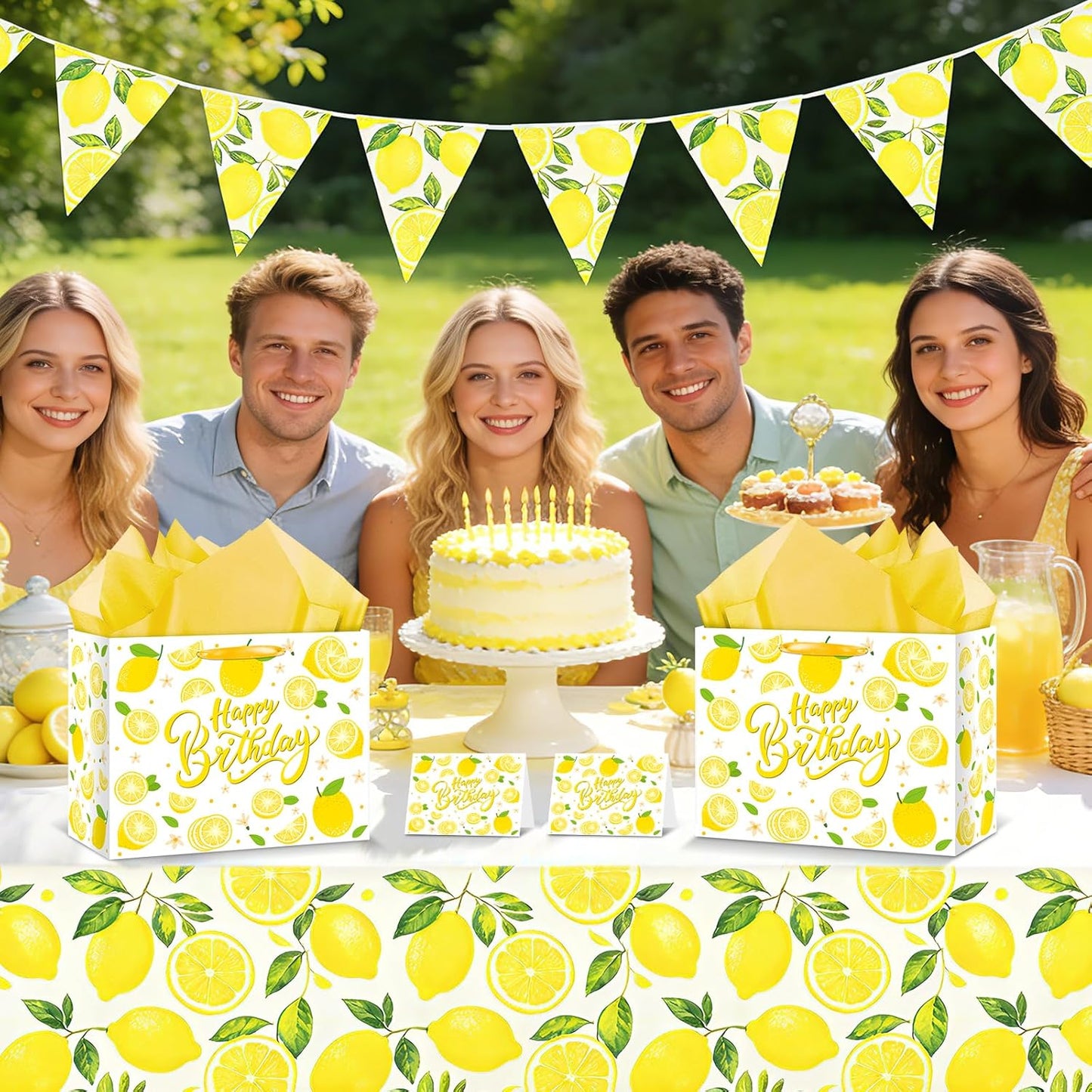 Large Yellow Lemon Birthday Gift Bags Yellow Lemon Wrapping Paper Bag with Tissue Paper Birthday Card Lemons Party Favor Bag for Kids Girls Women Baby Shower Birthday Lemons Party Decoraion Supplies