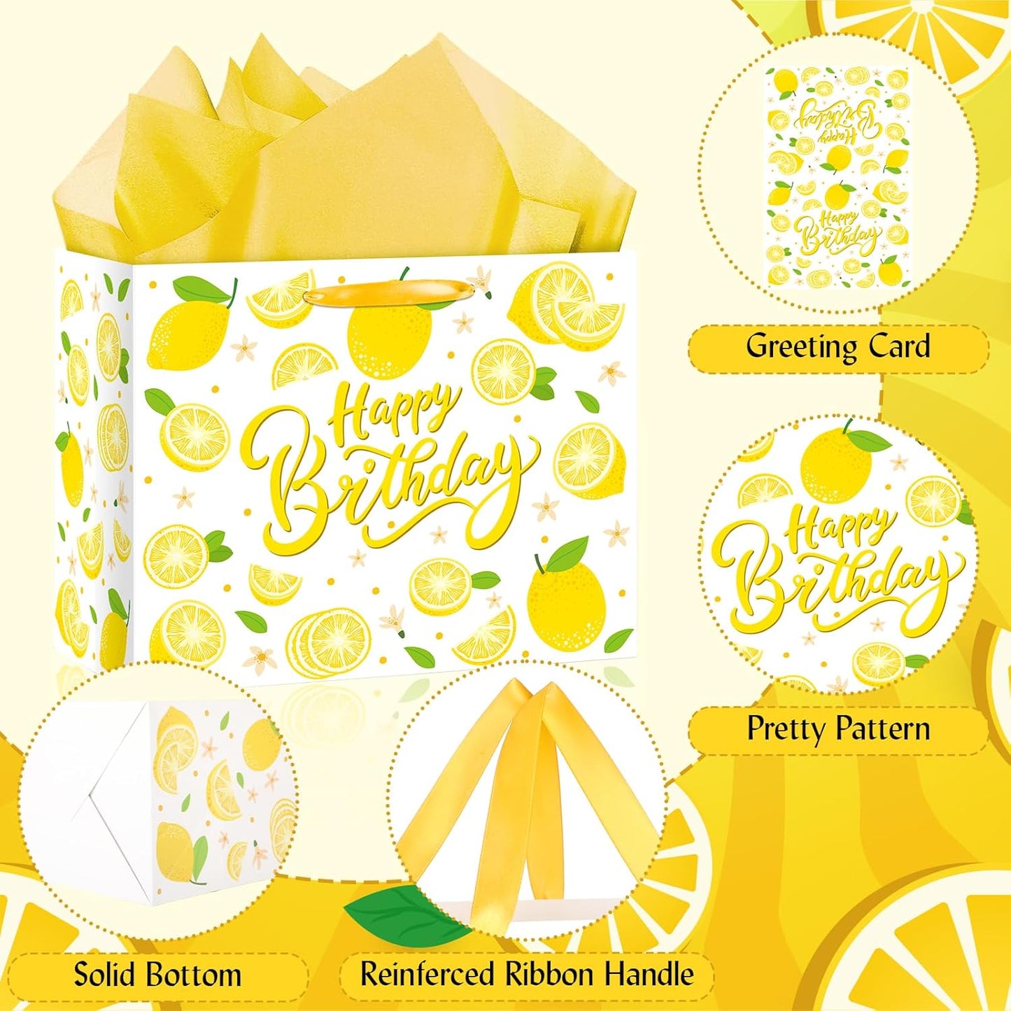 Large Yellow Lemon Birthday Gift Bags Yellow Lemon Wrapping Paper Bag with Tissue Paper Birthday Card Lemons Party Favor Bag for Kids Girls Women Baby Shower Birthday Lemons Party Decoraion Supplies