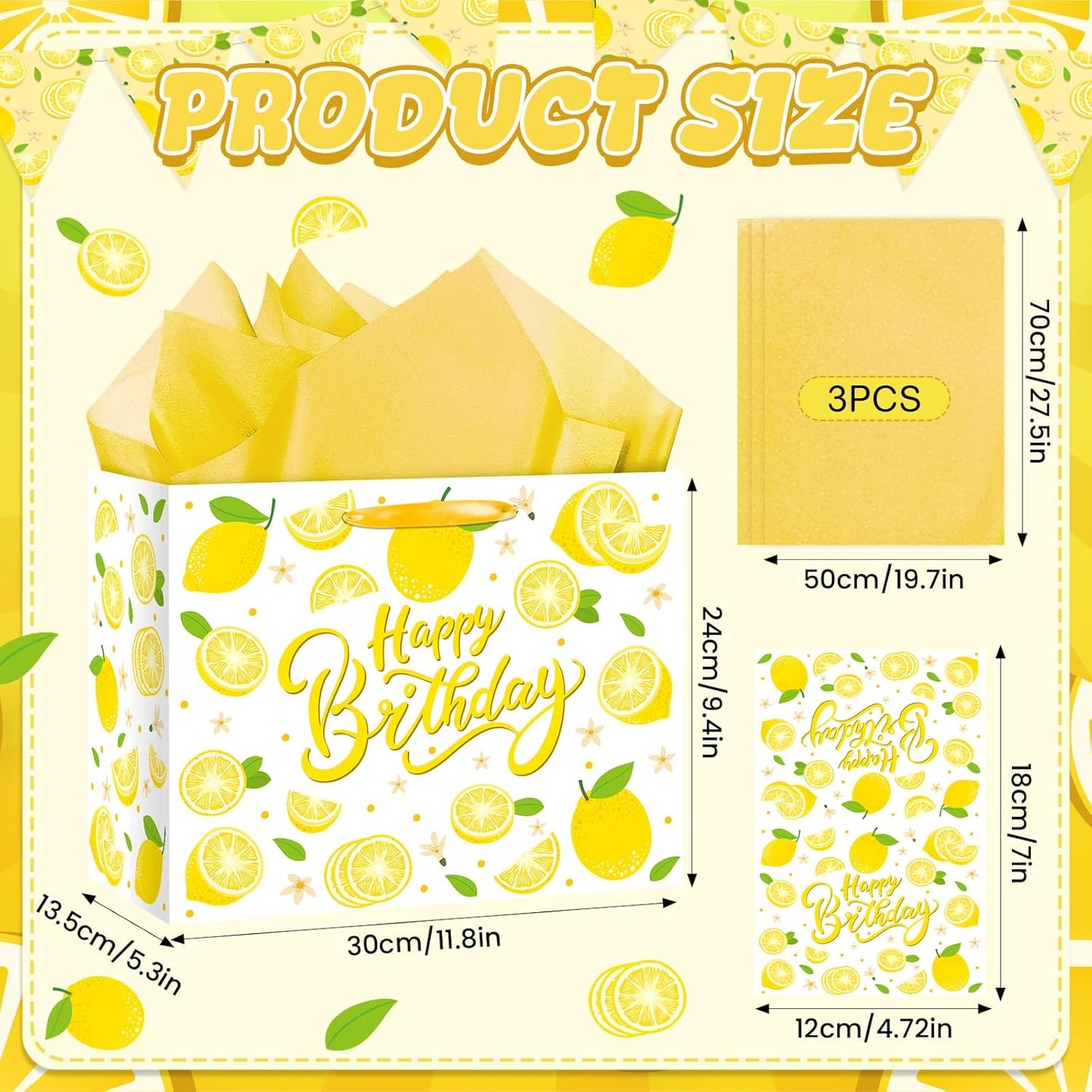 Large Yellow Lemon Birthday Gift Bags Yellow Lemon Wrapping Paper Bag with Tissue Paper Birthday Card Lemons Party Favor Bag for Kids Girls Women Baby Shower Birthday Lemons Party Decoraion Supplies