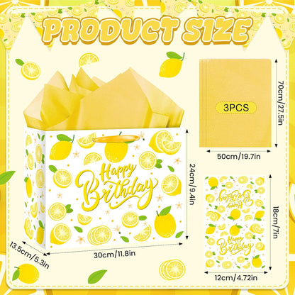 Large Yellow Lemon Birthday Gift Bags Yellow Lemon Wrapping Paper Bag with Tissue Paper Birthday Card Lemons Party Favor Bag for Kids Girls Women Baby Shower Birthday Lemons Party Decoraion Supplies