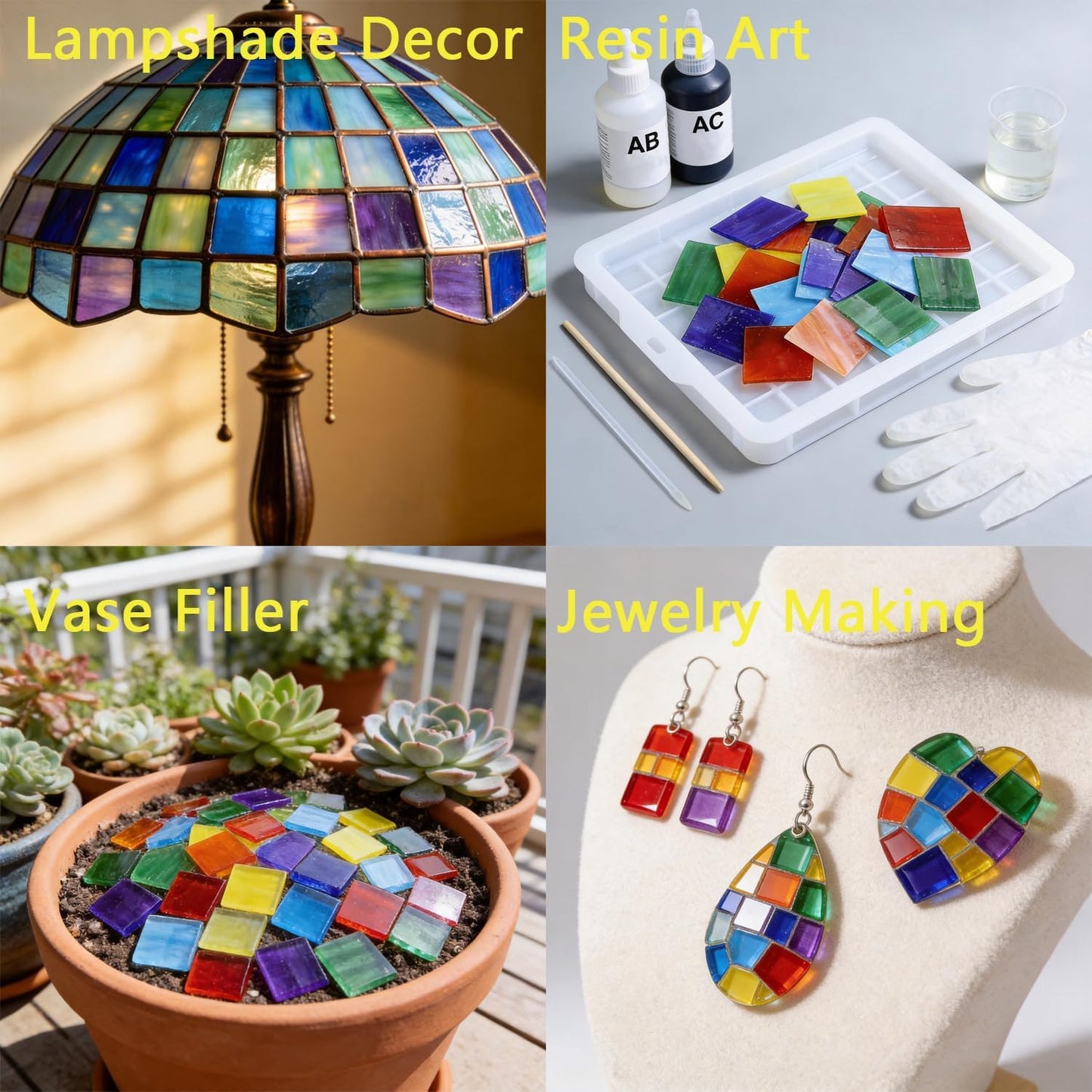 Square Stained Glass Scraps, Mosaic Glass Pieces,Mosaic Crafts Supplies,Mosaic Tiles for Crafts,Photo Frames,Vase Filler, Aquarium Decor,4x5cm,0.9LB (Yellow)