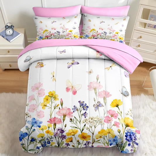 Nesker 7 Pcs Spring Comforter Set King Size, Pink Yellow Floral Bedding Set for Kids and Adults, Colorful Butterfly Bed Sheet Sets with Fitted Sheet 2 Pillowcases & 2 Shams