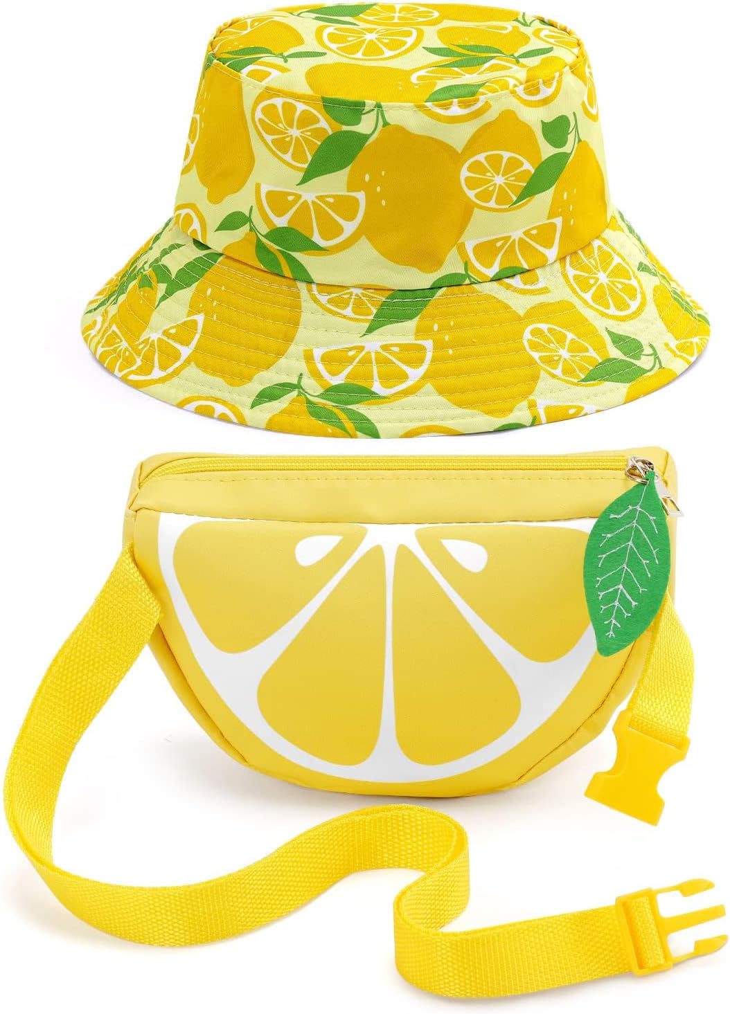 Lemon Fanny Pack Bucket Hat Set Fruit Shaped Adjustable Yellow Waist Belt Bag Unisex Reversible Sun Hiking Cap Cute Novelty for Summer Outfits Travel Beach Festivals Accessories