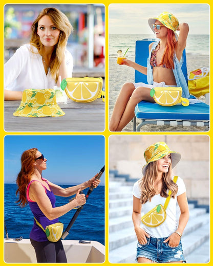 Lemon Fanny Pack Bucket Hat Set Fruit Shaped Adjustable Yellow Waist Belt Bag Unisex Reversible Sun Hiking Cap Cute Novelty for Summer Outfits Travel Beach Festivals Accessories