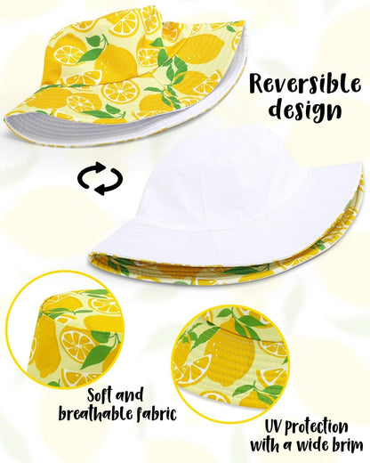 Lemon Fanny Pack Bucket Hat Set Fruit Shaped Adjustable Yellow Waist Belt Bag Unisex Reversible Sun Hiking Cap Cute Novelty for Summer Outfits Travel Beach Festivals Accessories