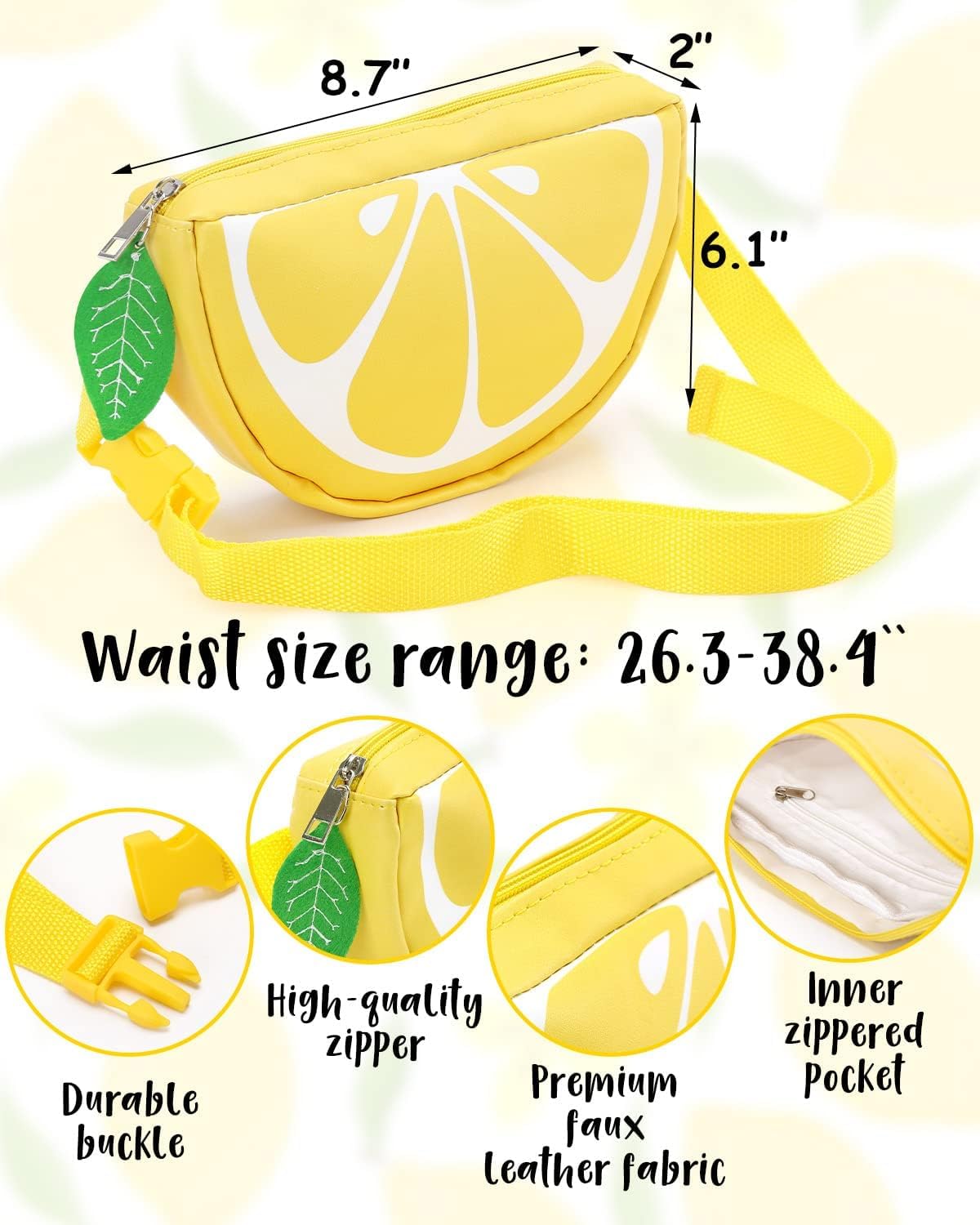 Lemon Fanny Pack Bucket Hat Set Fruit Shaped Adjustable Yellow Waist Belt Bag Unisex Reversible Sun Hiking Cap Cute Novelty for Summer Outfits Travel Beach Festivals Accessories