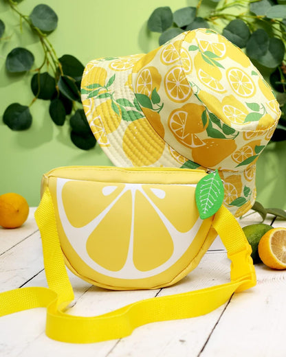 Lemon Fanny Pack Bucket Hat Set Fruit Shaped Adjustable Yellow Waist Belt Bag Unisex Reversible Sun Hiking Cap Cute Novelty for Summer Outfits Travel Beach Festivals Accessories