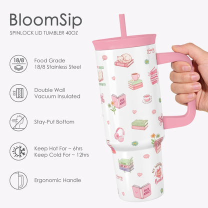 Lemon Stainless Steel Locking Lid Silicone Straw Tumbler with Handle 40oz, Insulated Stainless Steel Travel Cup for Women Girls Friends, Gift Idea for Birthday Summer Vacation