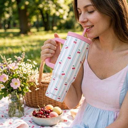 Lemon Stainless Steel Locking Lid Silicone Straw Tumbler with Handle 40oz, Insulated Stainless Steel Travel Cup for Women Girls Friends, Gift Idea for Birthday Summer Vacation