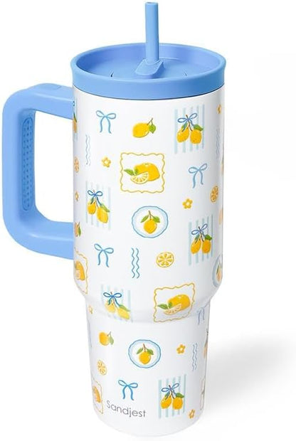 Lemon Stainless Steel Locking Lid Silicone Straw Tumbler with Handle 40oz, Insulated Stainless Steel Travel Cup for Women Girls Friends, Gift Idea for Birthday Summer Vacation