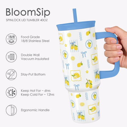 Lemon Stainless Steel Locking Lid Silicone Straw Tumbler with Handle 40oz, Insulated Stainless Steel Travel Cup for Women Girls Friends, Gift Idea for Birthday Summer Vacation