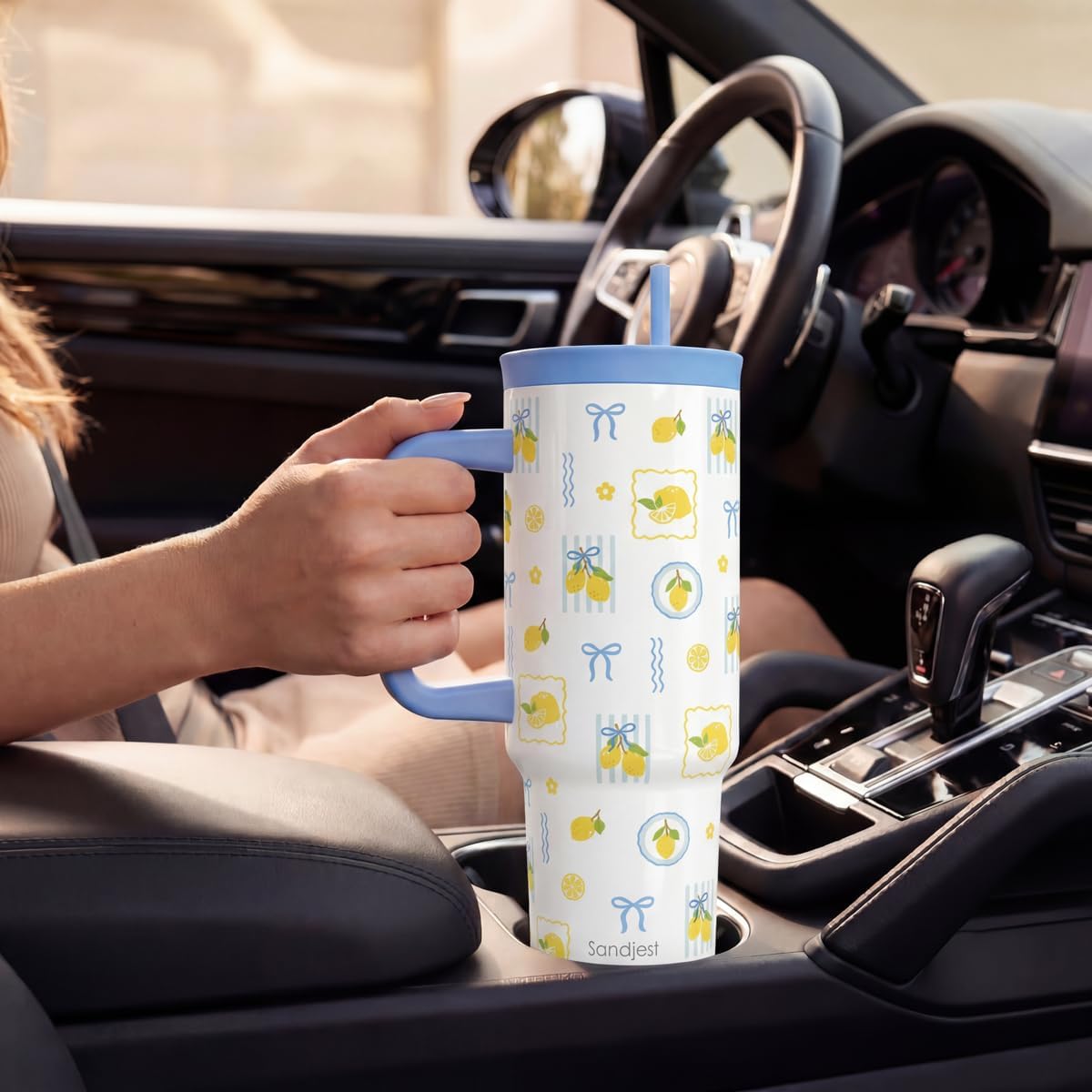 Lemon Stainless Steel Locking Lid Silicone Straw Tumbler with Handle 40oz, Insulated Stainless Steel Travel Cup for Women Girls Friends, Gift Idea for Birthday Summer Vacation