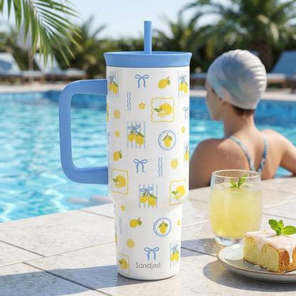 Lemon Stainless Steel Locking Lid Silicone Straw Tumbler with Handle 40oz, Insulated Stainless Steel Travel Cup for Women Girls Friends, Gift Idea for Birthday Summer Vacation
