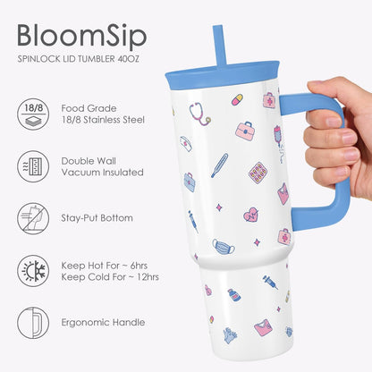 Lemon Stainless Steel Locking Lid Silicone Straw Tumbler with Handle 40oz, Insulated Stainless Steel Travel Cup for Women Girls Friends, Gift Idea for Birthday Summer Vacation