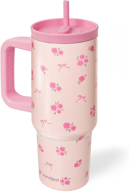 Lemon Stainless Steel Locking Lid Silicone Straw Tumbler with Handle 40oz, Insulated Stainless Steel Travel Cup for Women Girls Friends, Gift Idea for Birthday Summer Vacation