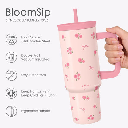 Lemon Stainless Steel Locking Lid Silicone Straw Tumbler with Handle 40oz, Insulated Stainless Steel Travel Cup for Women Girls Friends, Gift Idea for Birthday Summer Vacation