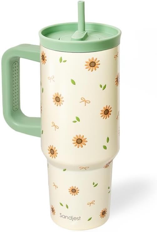 Lemon Stainless Steel Locking Lid Silicone Straw Tumbler with Handle 40oz, Insulated Stainless Steel Travel Cup for Women Girls Friends, Gift Idea for Birthday Summer Vacation