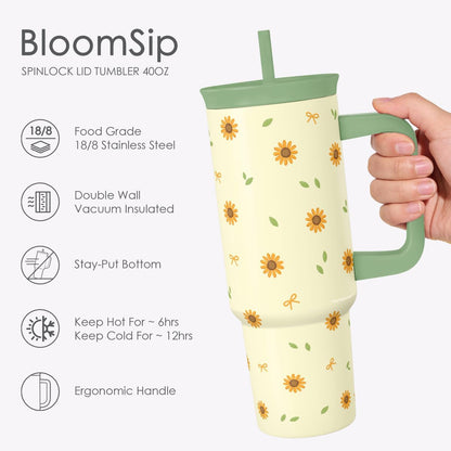 Lemon Stainless Steel Locking Lid Silicone Straw Tumbler with Handle 40oz, Insulated Stainless Steel Travel Cup for Women Girls Friends, Gift Idea for Birthday Summer Vacation