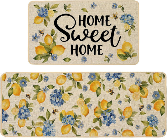 Lemon Kitchen Rugs Set of 2, Hydrangea Floral Flowers Kitchen Mats for Spring Summer Floor Hallway Laundry Sink Low-Profile Home Decoration 17x29 and 17x47 Inch