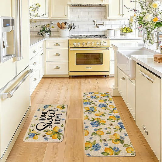 Lemon Kitchen Rugs Set of 2, Hydrangea Floral Flowers Kitchen Mats for Spring Summer Floor Hallway Laundry Sink Low-Profile Home Decoration 17x29 and 17x47 Inch
