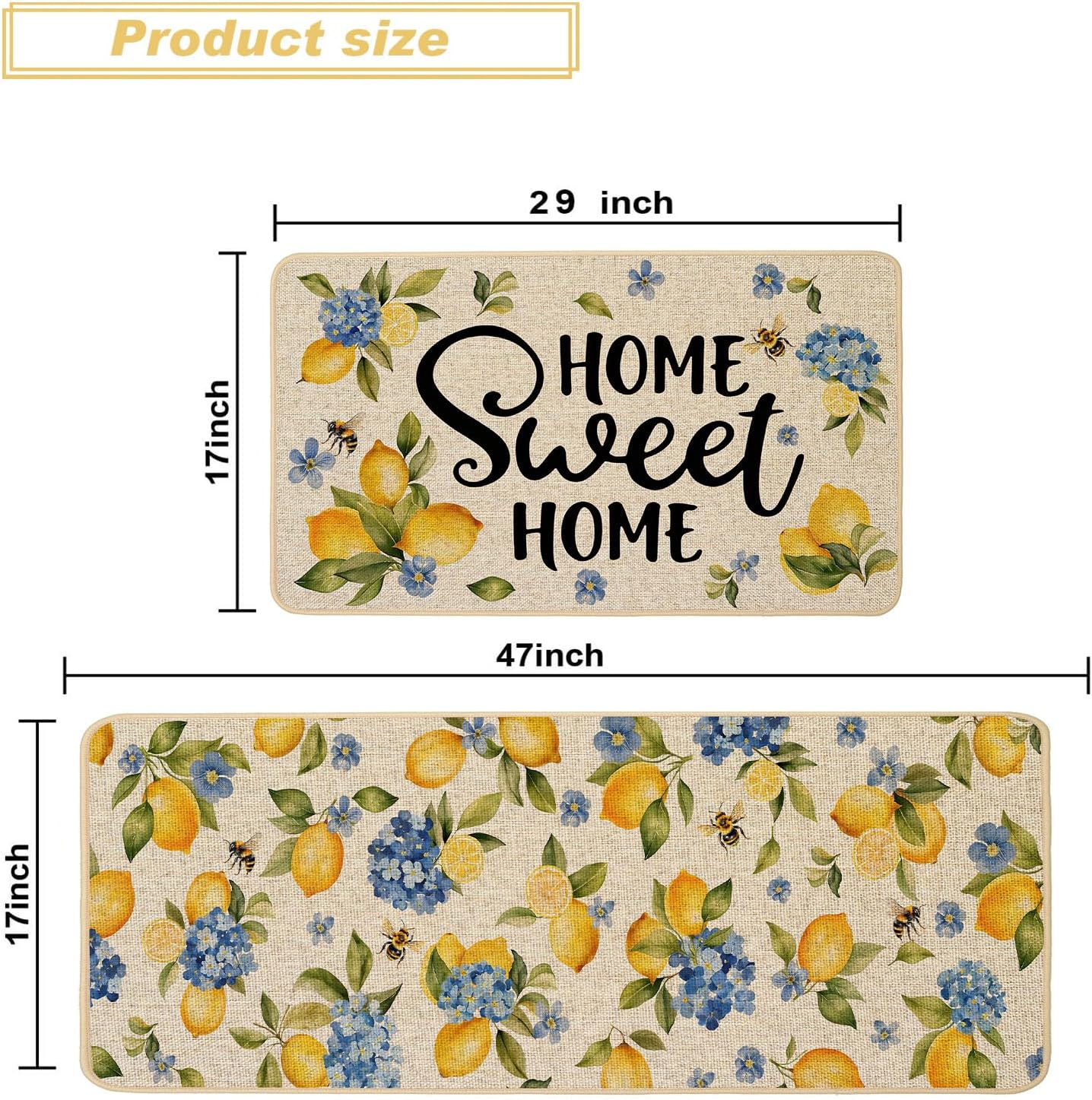 Lemon Kitchen Rugs Set of 2, Hydrangea Floral Flowers Kitchen Mats for Spring Summer Floor Hallway Laundry Sink Low-Profile Home Decoration 17x29 and 17x47 Inch