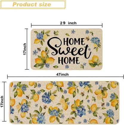 Lemon Kitchen Rugs Set of 2, Hydrangea Floral Flowers Kitchen Mats for Spring Summer Floor Hallway Laundry Sink Low-Profile Home Decoration 17x29 and 17x47 Inch