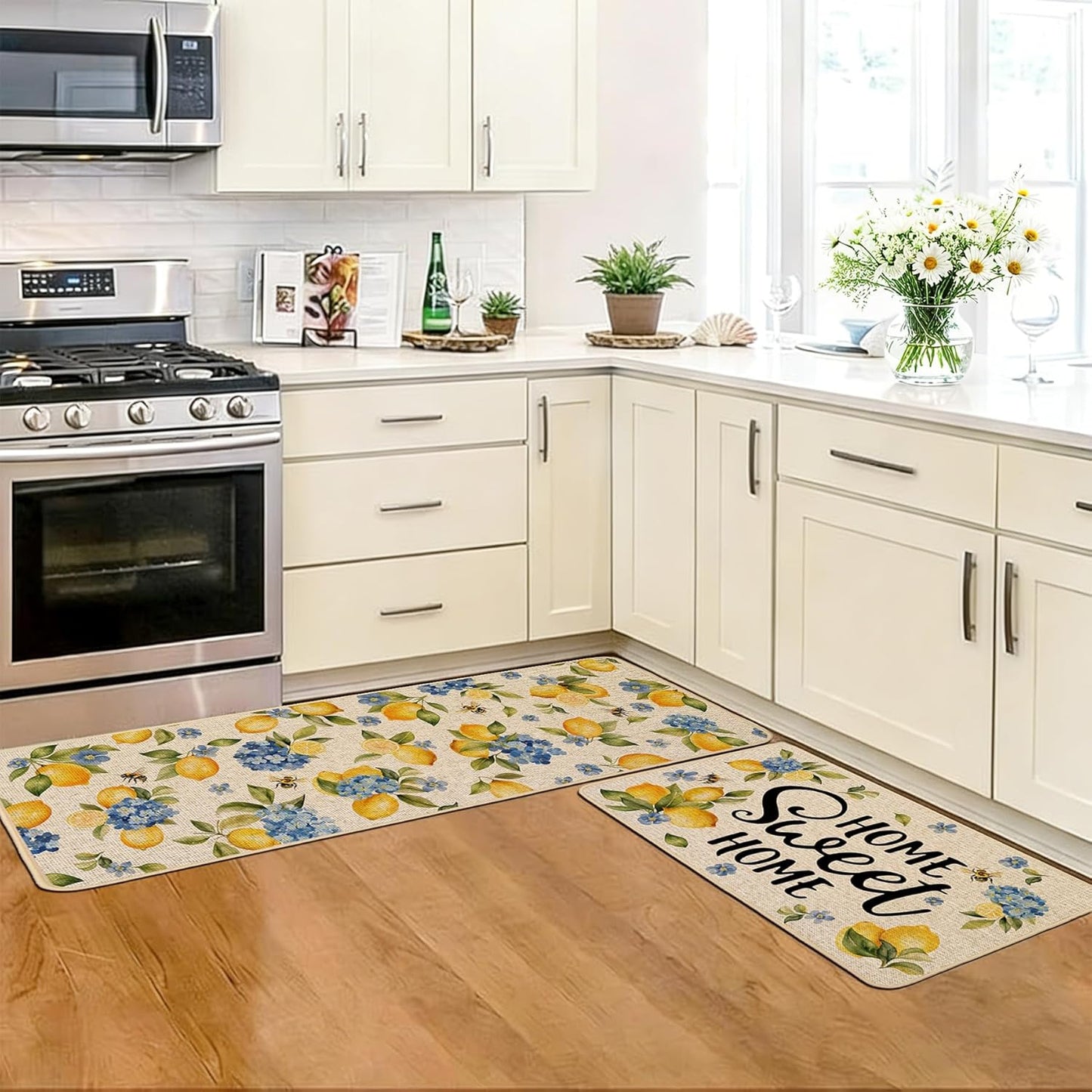Lemon Kitchen Rugs Set of 2, Hydrangea Floral Flowers Kitchen Mats for Spring Summer Floor Hallway Laundry Sink Low-Profile Home Decoration 17x29 and 17x47 Inch