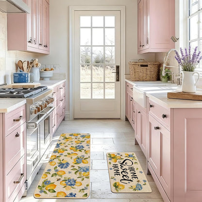 Lemon Kitchen Rugs Set of 2, Hydrangea Floral Flowers Kitchen Mats for Spring Summer Floor Hallway Laundry Sink Low-Profile Home Decoration 17x29 and 17x47 Inch