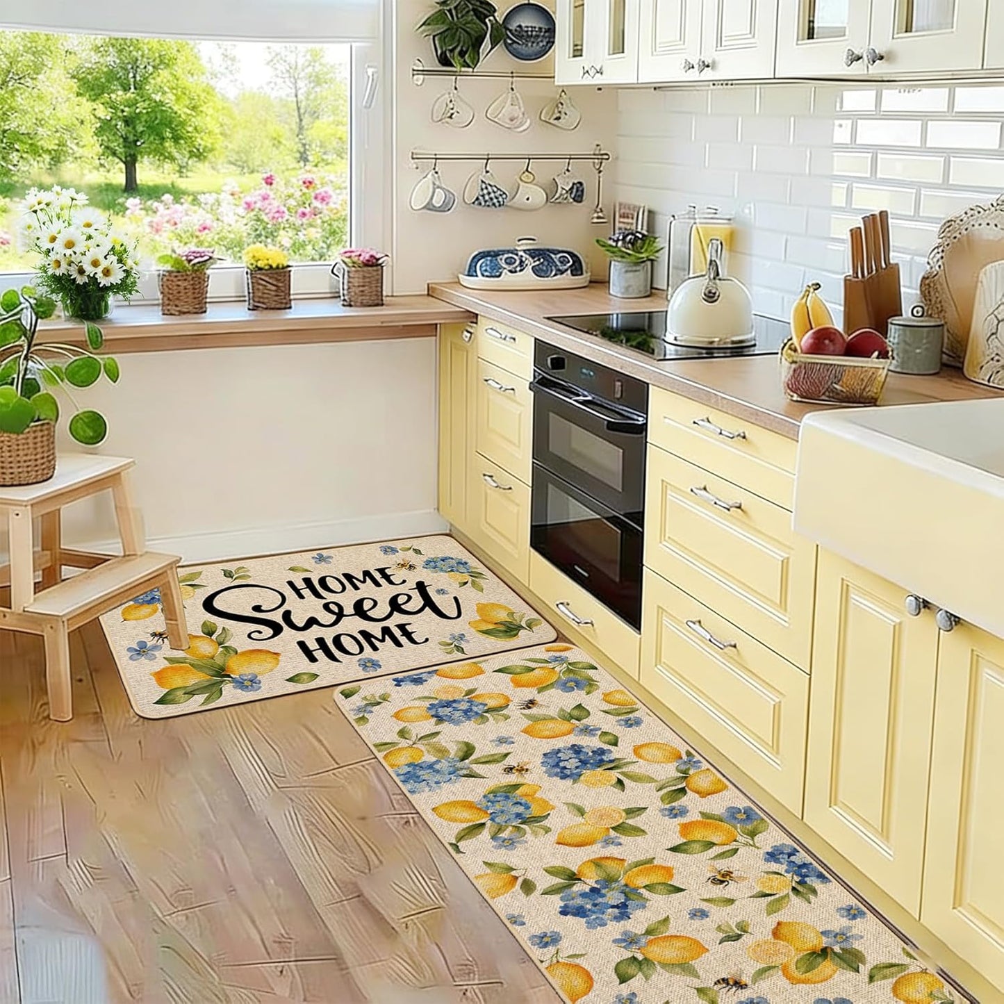 Lemon Kitchen Rugs Set of 2, Hydrangea Floral Flowers Kitchen Mats for Spring Summer Floor Hallway Laundry Sink Low-Profile Home Decoration 17x29 and 17x47 Inch