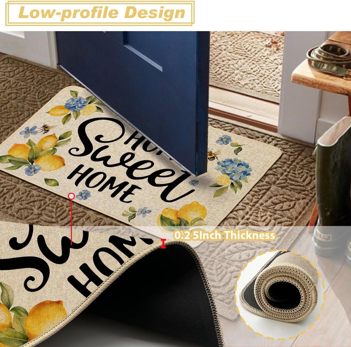 Lemon Kitchen Rugs Set of 2, Hydrangea Floral Flowers Kitchen Mats for Spring Summer Floor Hallway Laundry Sink Low-Profile Home Decoration 17x29 and 17x47 Inch
