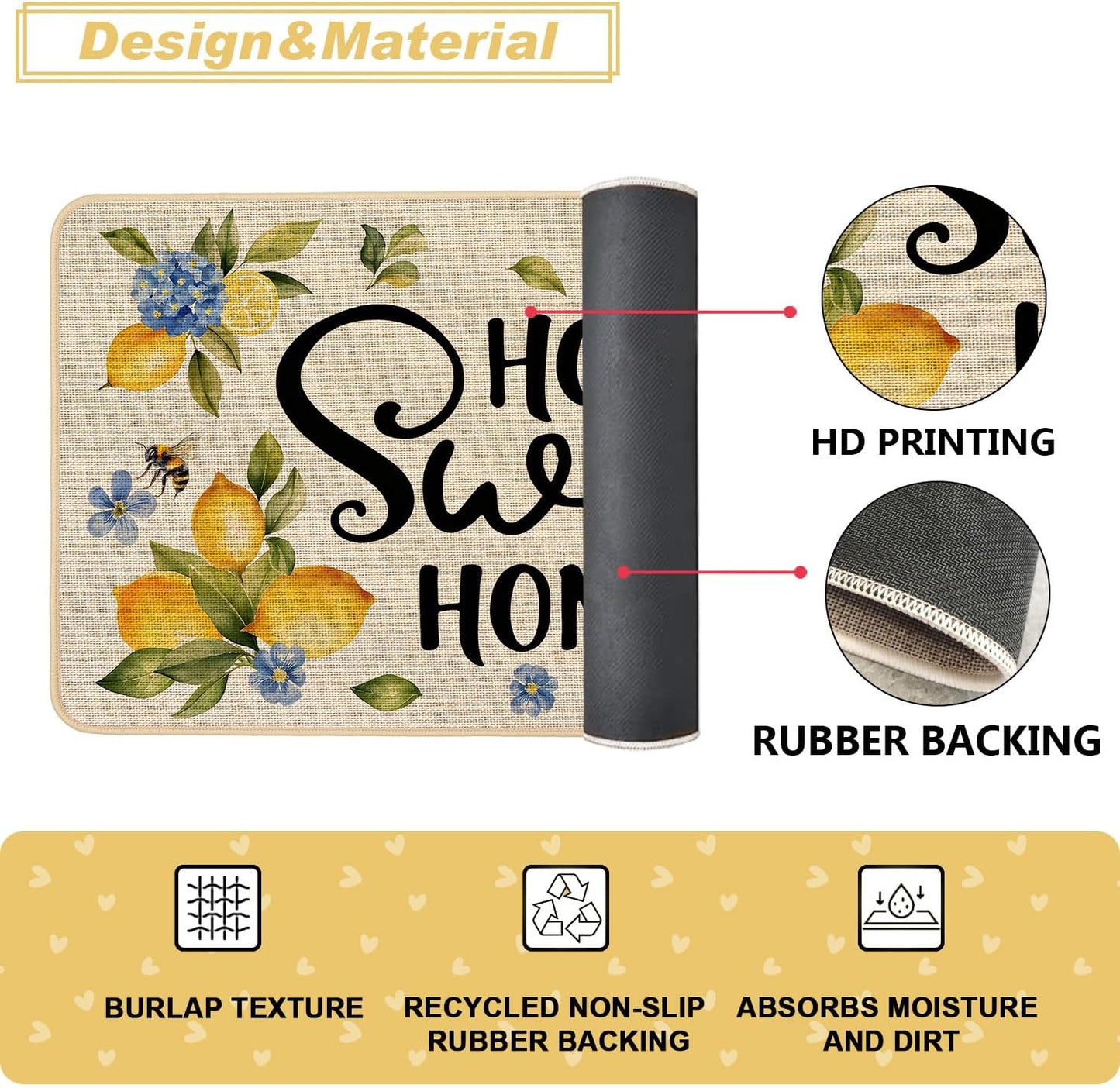 Lemon Kitchen Rugs Set of 2, Hydrangea Floral Flowers Kitchen Mats for Spring Summer Floor Hallway Laundry Sink Low-Profile Home Decoration 17x29 and 17x47 Inch