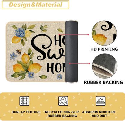 Lemon Kitchen Rugs Set of 2, Hydrangea Floral Flowers Kitchen Mats for Spring Summer Floor Hallway Laundry Sink Low-Profile Home Decoration 17x29 and 17x47 Inch