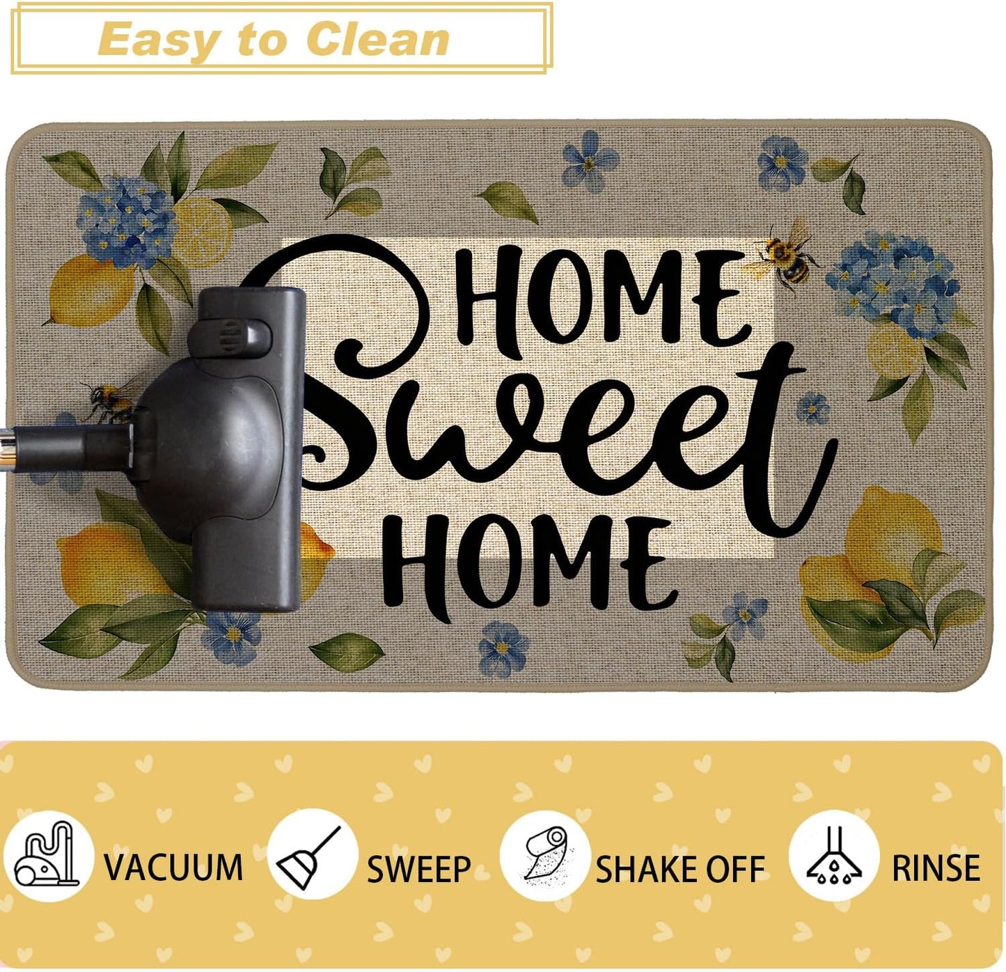 Lemon Kitchen Rugs Set of 2, Hydrangea Floral Flowers Kitchen Mats for Spring Summer Floor Hallway Laundry Sink Low-Profile Home Decoration 17x29 and 17x47 Inch