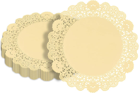 Pastry Tek 12 x 12 Inch Paper Lace Doilies, 100 Disposable Table Doilies - Elegant Lace Finish, Long Lasting, Yellow Paper Doily, for Pastries, Cupcakes, Desserts