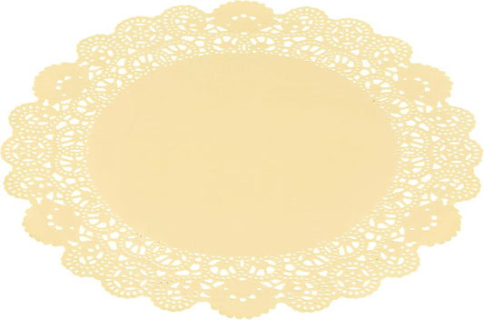 Pastry Tek 12 x 12 Inch Paper Lace Doilies, 100 Disposable Table Doilies - Elegant Lace Finish, Long Lasting, Yellow Paper Doily, for Pastries, Cupcakes, Desserts