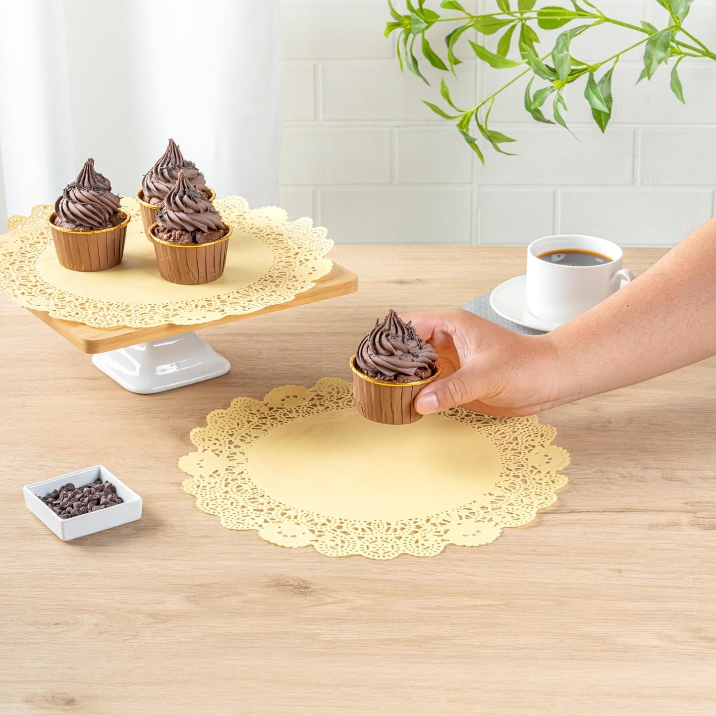 Pastry Tek 12 x 12 Inch Paper Lace Doilies, 100 Disposable Table Doilies - Elegant Lace Finish, Long Lasting, Yellow Paper Doily, for Pastries, Cupcakes, Desserts