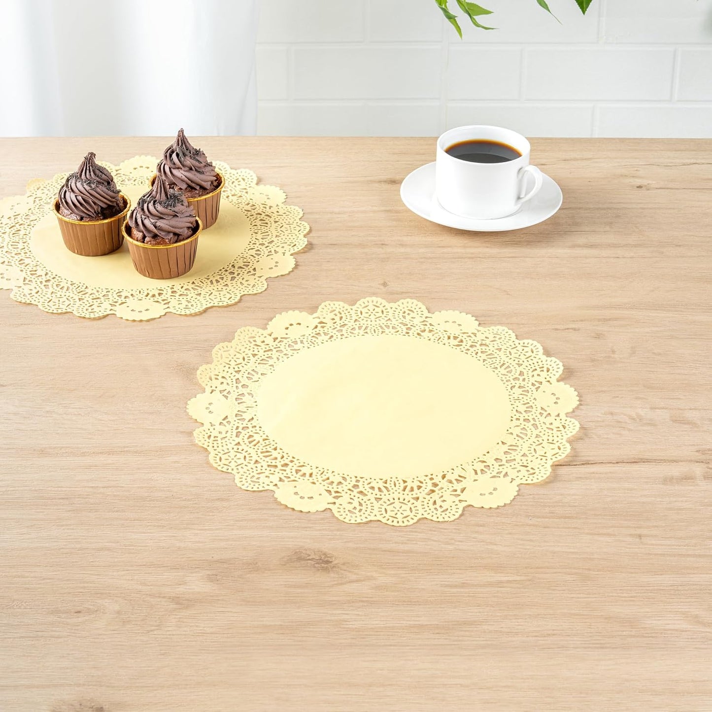 Pastry Tek 12 x 12 Inch Paper Lace Doilies, 100 Disposable Table Doilies - Elegant Lace Finish, Long Lasting, Yellow Paper Doily, for Pastries, Cupcakes, Desserts