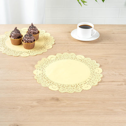 Pastry Tek 12 x 12 Inch Paper Lace Doilies, 100 Disposable Table Doilies - Elegant Lace Finish, Long Lasting, Yellow Paper Doily, for Pastries, Cupcakes, Desserts