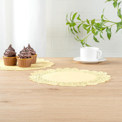Pastry Tek 12 x 12 Inch Paper Lace Doilies, 100 Disposable Table Doilies - Elegant Lace Finish, Long Lasting, Yellow Paper Doily, for Pastries, Cupcakes, Desserts