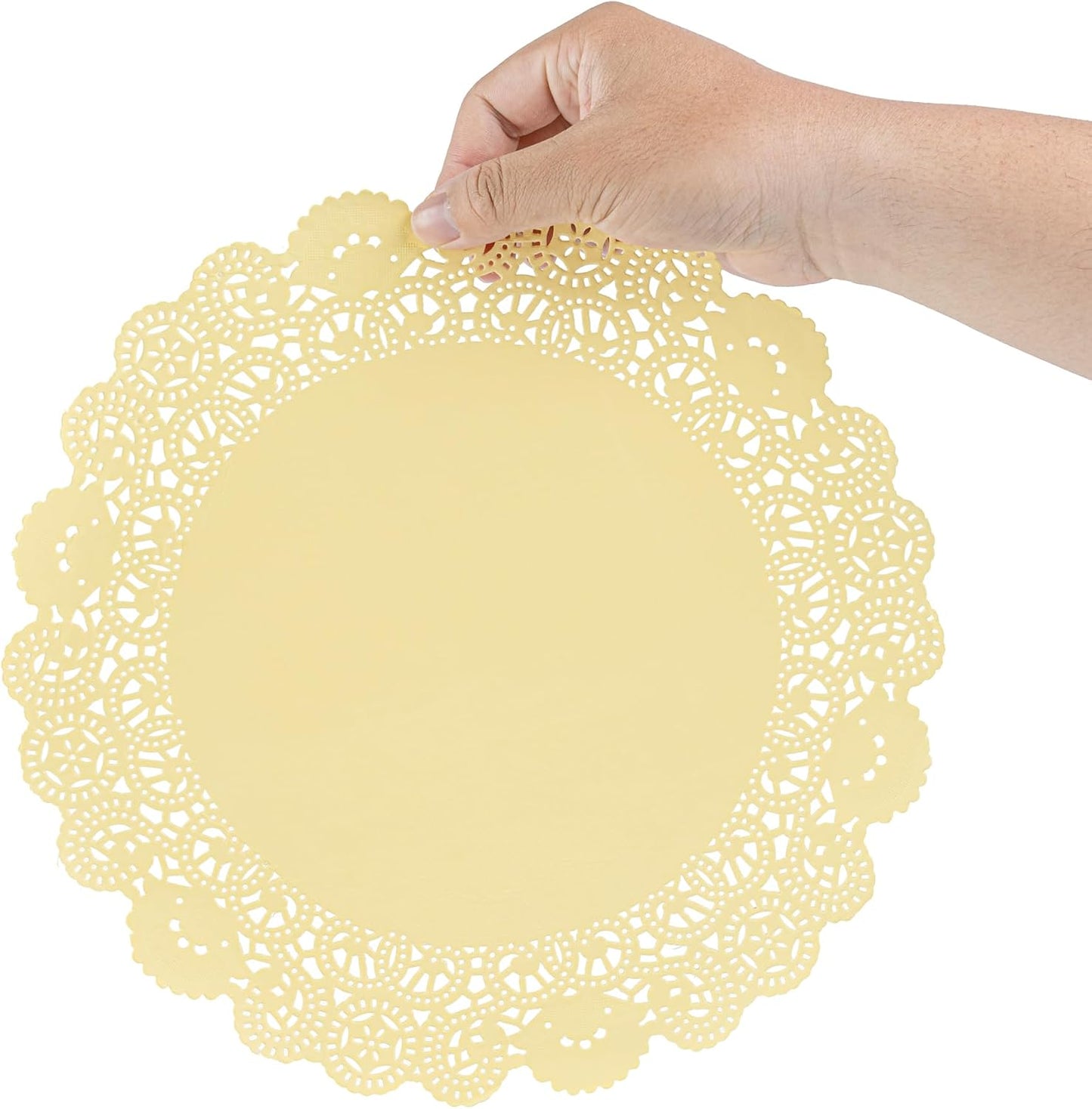 Pastry Tek 12 x 12 Inch Paper Lace Doilies, 100 Disposable Table Doilies - Elegant Lace Finish, Long Lasting, Yellow Paper Doily, for Pastries, Cupcakes, Desserts