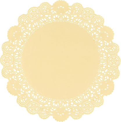 Pastry Tek 12 x 12 Inch Paper Lace Doilies, 100 Disposable Table Doilies - Elegant Lace Finish, Long Lasting, Yellow Paper Doily, for Pastries, Cupcakes, Desserts