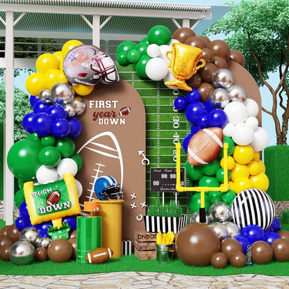 Football Balloon Arch Kit,135Pcs Yellow Royal Blue Silver Balloon Garland with Football,Helmet,Goal Post,Trophy Foil Balloons for Sports Rugby Birthday Big Game Touch Down Tailgate Party Decoration