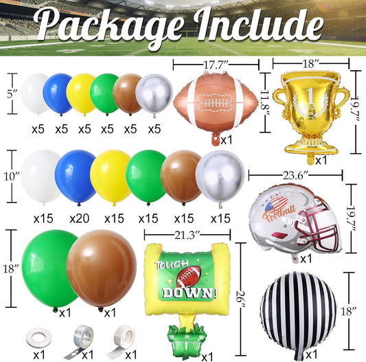Football Balloon Arch Kit,135Pcs Yellow Royal Blue Silver Balloon Garland with Football,Helmet,Goal Post,Trophy Foil Balloons for Sports Rugby Birthday Big Game Touch Down Tailgate Party Decoration