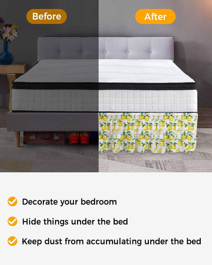 Summer Lemon Bed Skirt Queen Size 18 Inch Drop, Adjustable Elastic Wrap Around Bed Skirts Easy Fitting Dust Ruffle Bedskirt Bed Frame Cover Yellow Fruit Farm Vintage White Wood Grain