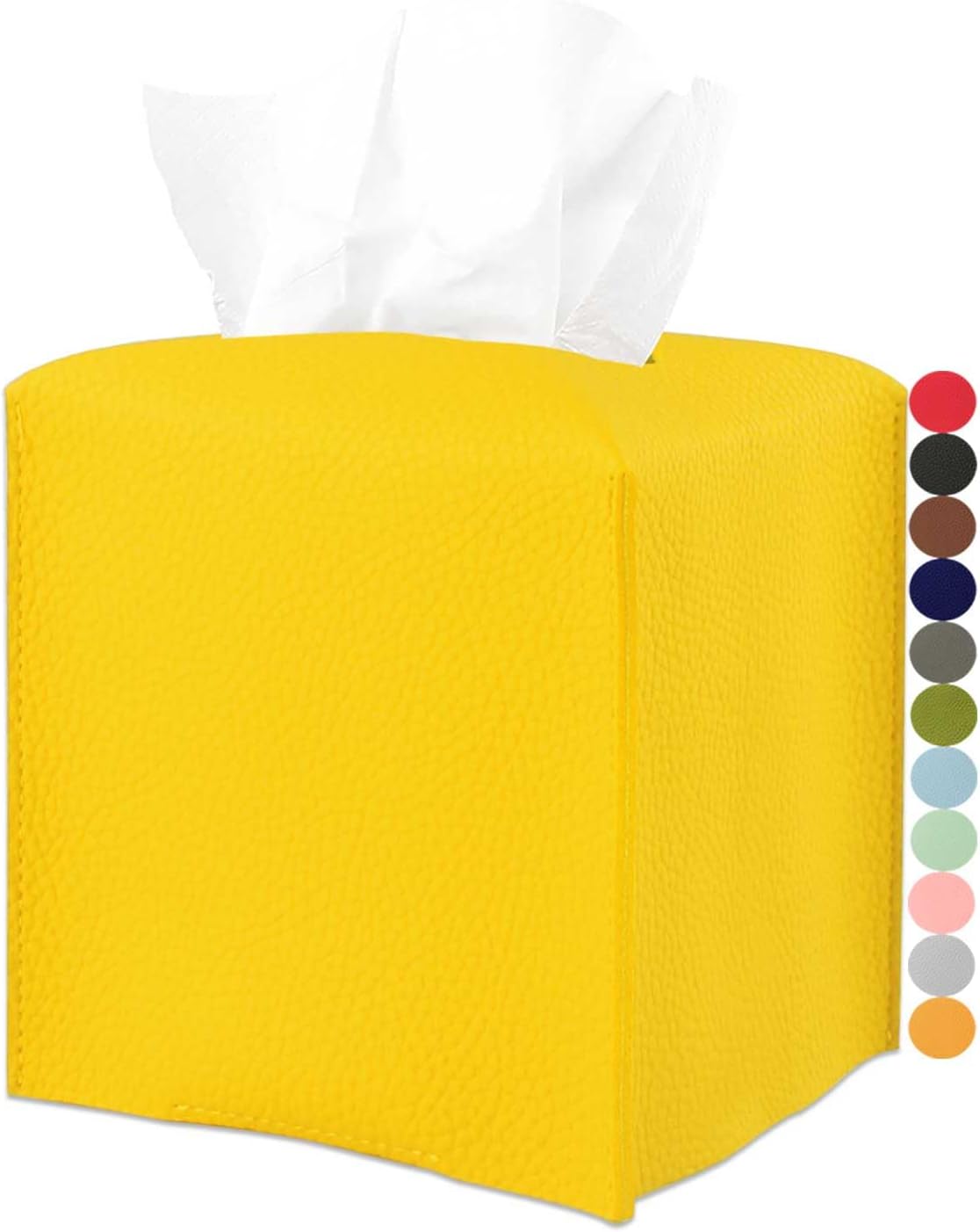 Yellow Tissue Box Cover Holder – with Bottom Belt [ , Lemon Yellow] Modern PU Leather Tissues Cube Box Cover Decorative for Bathroom Vanity Countertop/Night Stands/Office Desk, 5x5x5