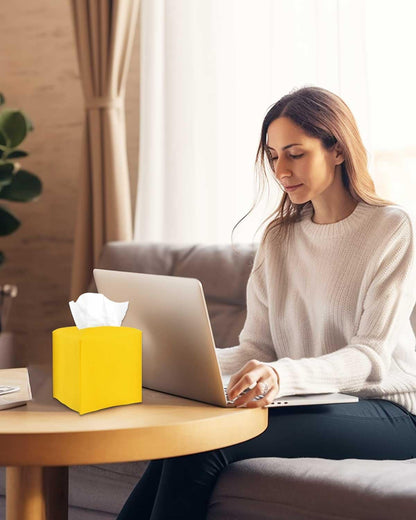 Yellow Tissue Box Cover Holder – with Bottom Belt [ , Lemon Yellow] Modern PU Leather Tissues Cube Box Cover Decorative for Bathroom Vanity Countertop/Night Stands/Office Desk, 5x5x5