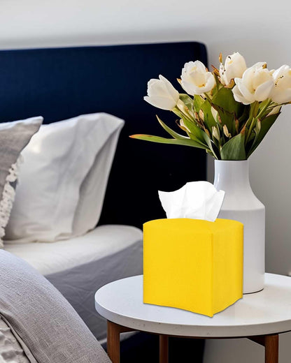 Yellow Tissue Box Cover Holder – with Bottom Belt [ , Lemon Yellow] Modern PU Leather Tissues Cube Box Cover Decorative for Bathroom Vanity Countertop/Night Stands/Office Desk, 5x5x5