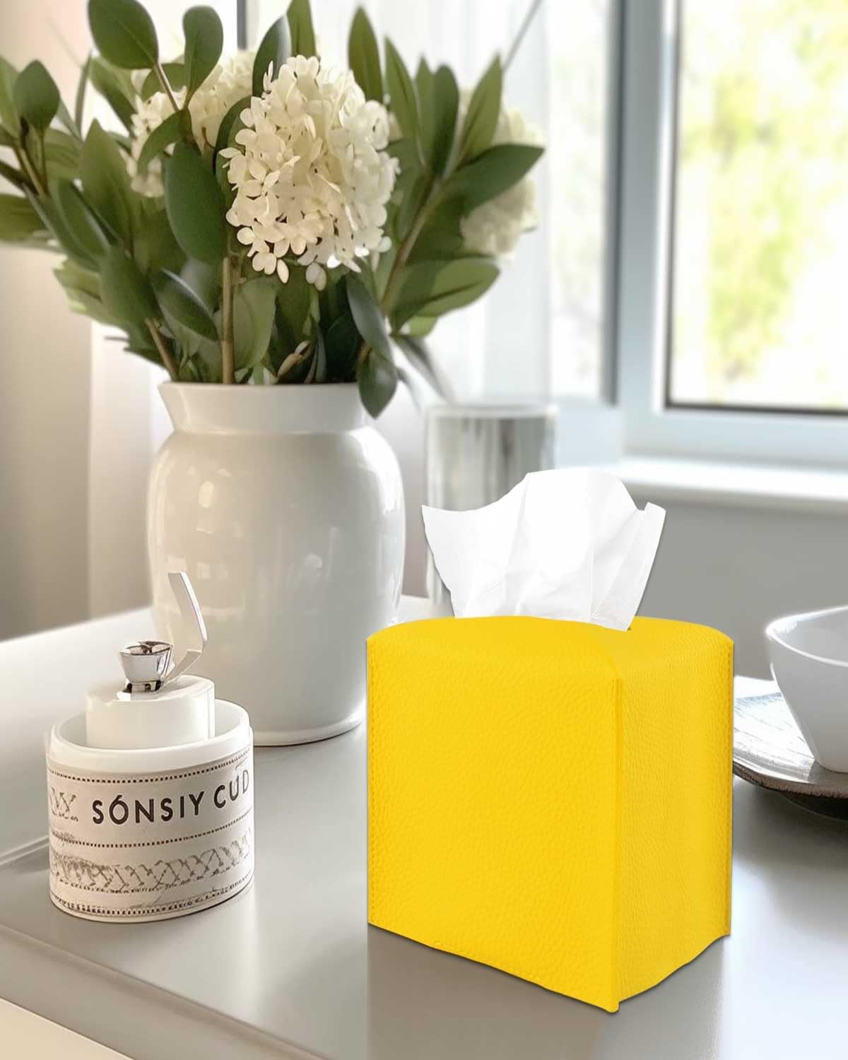 Yellow Tissue Box Cover Holder – with Bottom Belt [ , Lemon Yellow] Modern PU Leather Tissues Cube Box Cover Decorative for Bathroom Vanity Countertop/Night Stands/Office Desk, 5x5x5